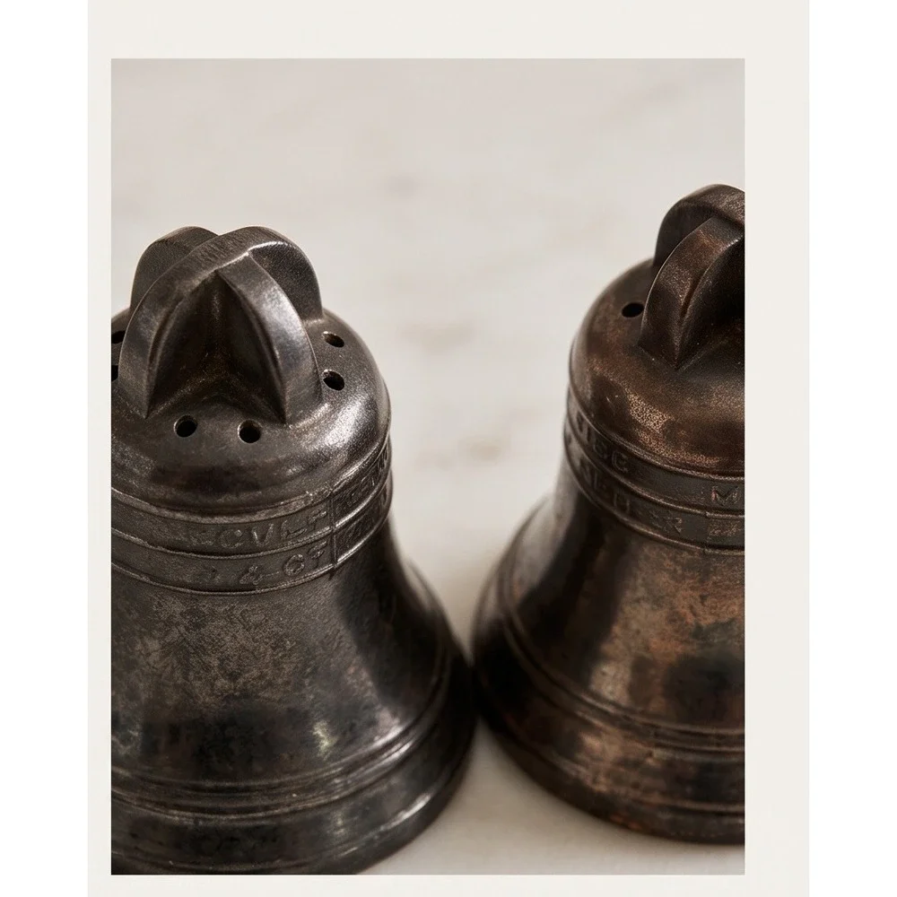 Blecher Vintage Liberty Bell Salt & Pepper Shakers Pewter Metal Pair 2 Inch